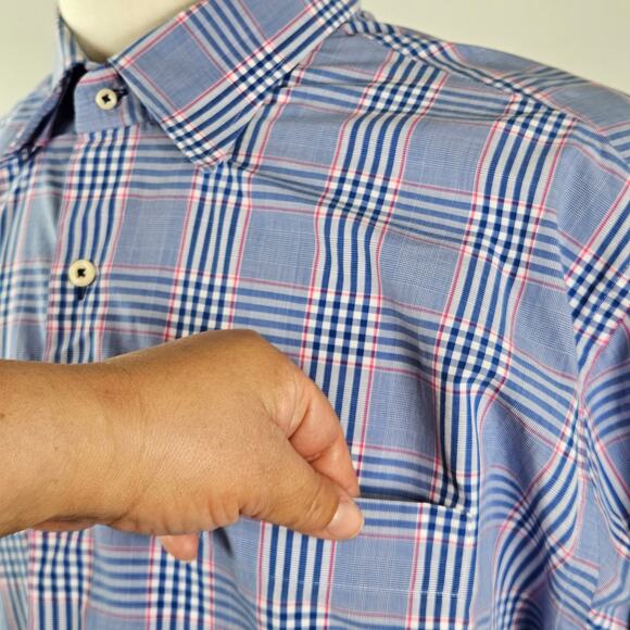 Peter Millar Blue Plaid Button-Up Long Sleeve Dress Shirt | Men's XL - Picture 5 of 13